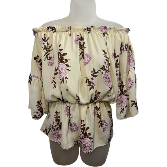 Off Shoulder Floral Peplum Blouse S Cottagecore Feminine Boho Ruffle Pastel Top - Picture 1 of 12